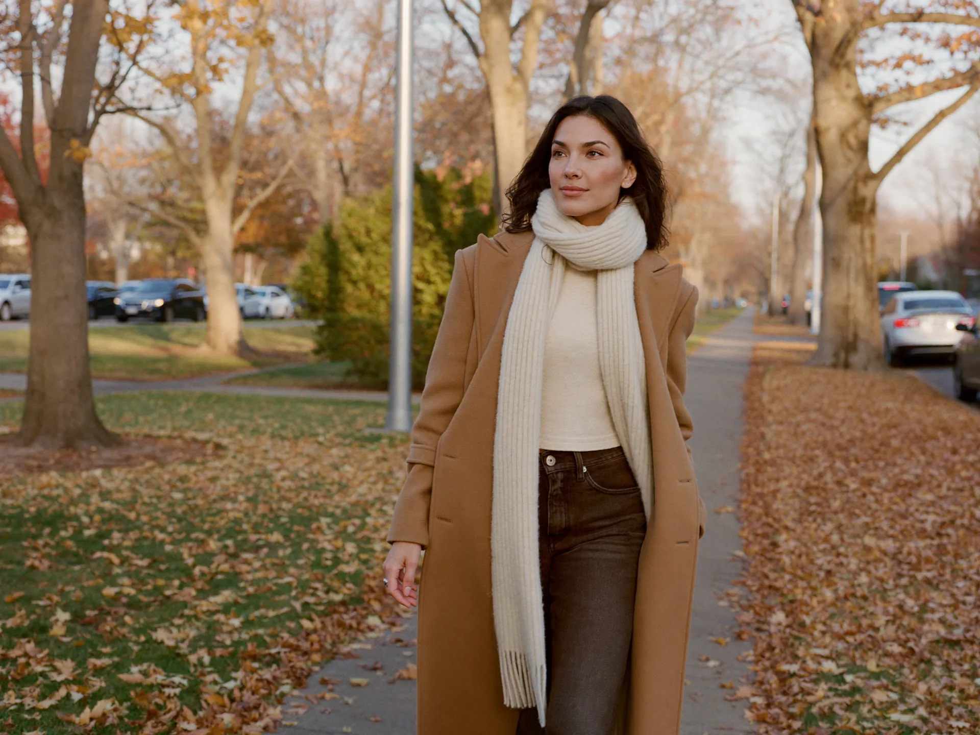 A woman walking a tree-lined Michigan sidewalk in autumn — the kind of everyday rhythm a medically supervised weight loss program supports.