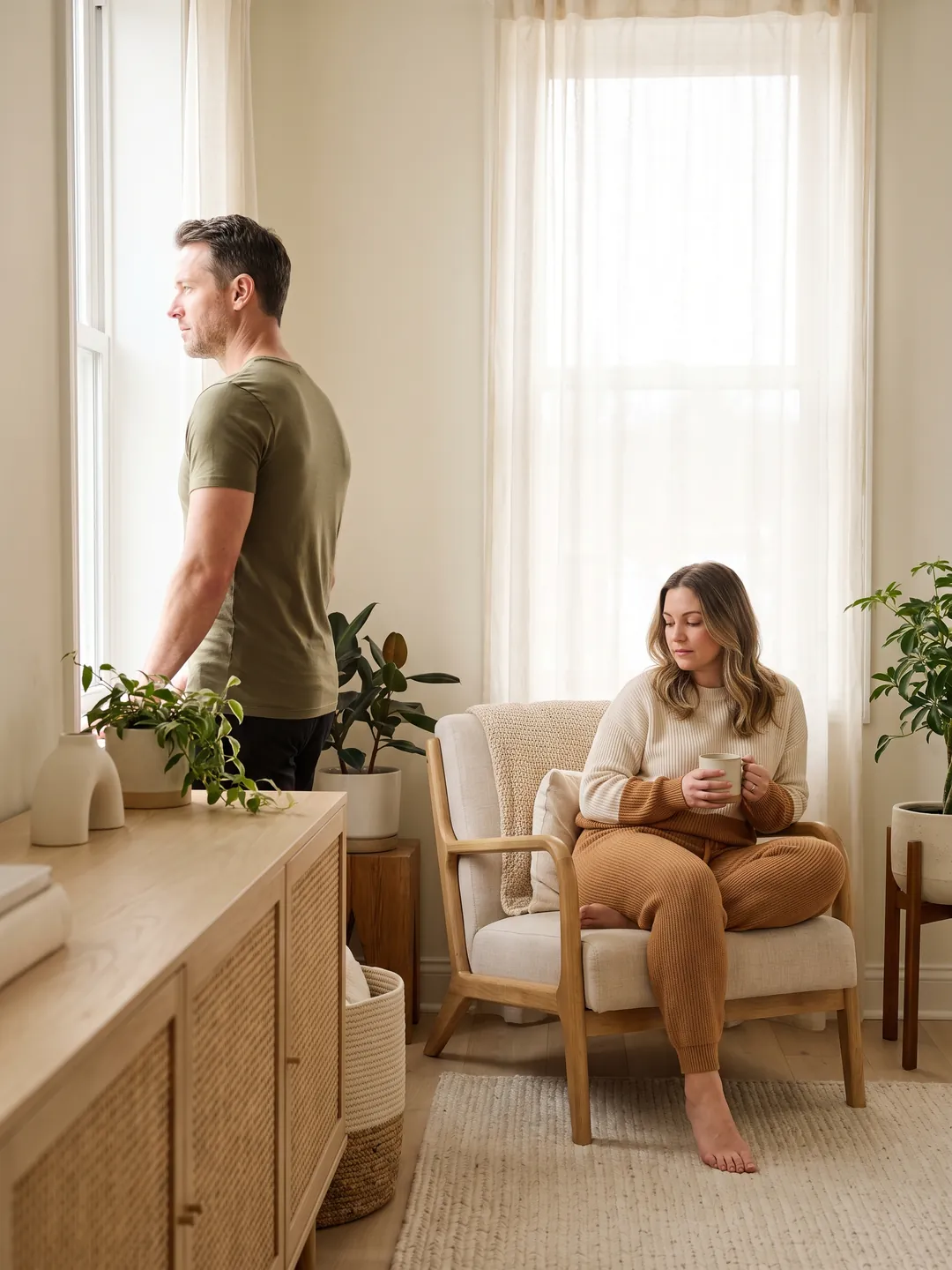 A fit man at a sunlit window and a relaxed woman with tea in a calm, bright home — the everyday vitality a doctor-supervised NuHealth program is designed to support