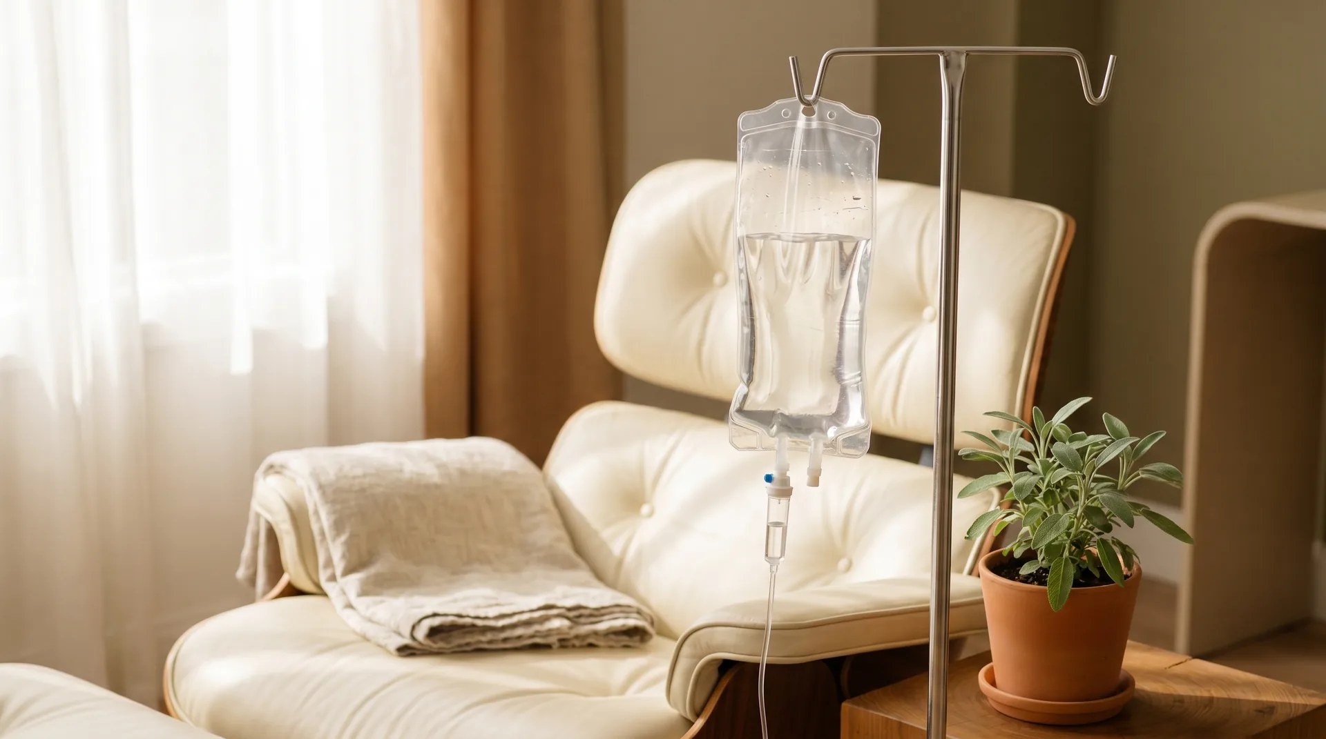 A clear IV drip bag in soft natural light beside a cream lounge chair and a sage potted plant — a calm wellness IV setting.