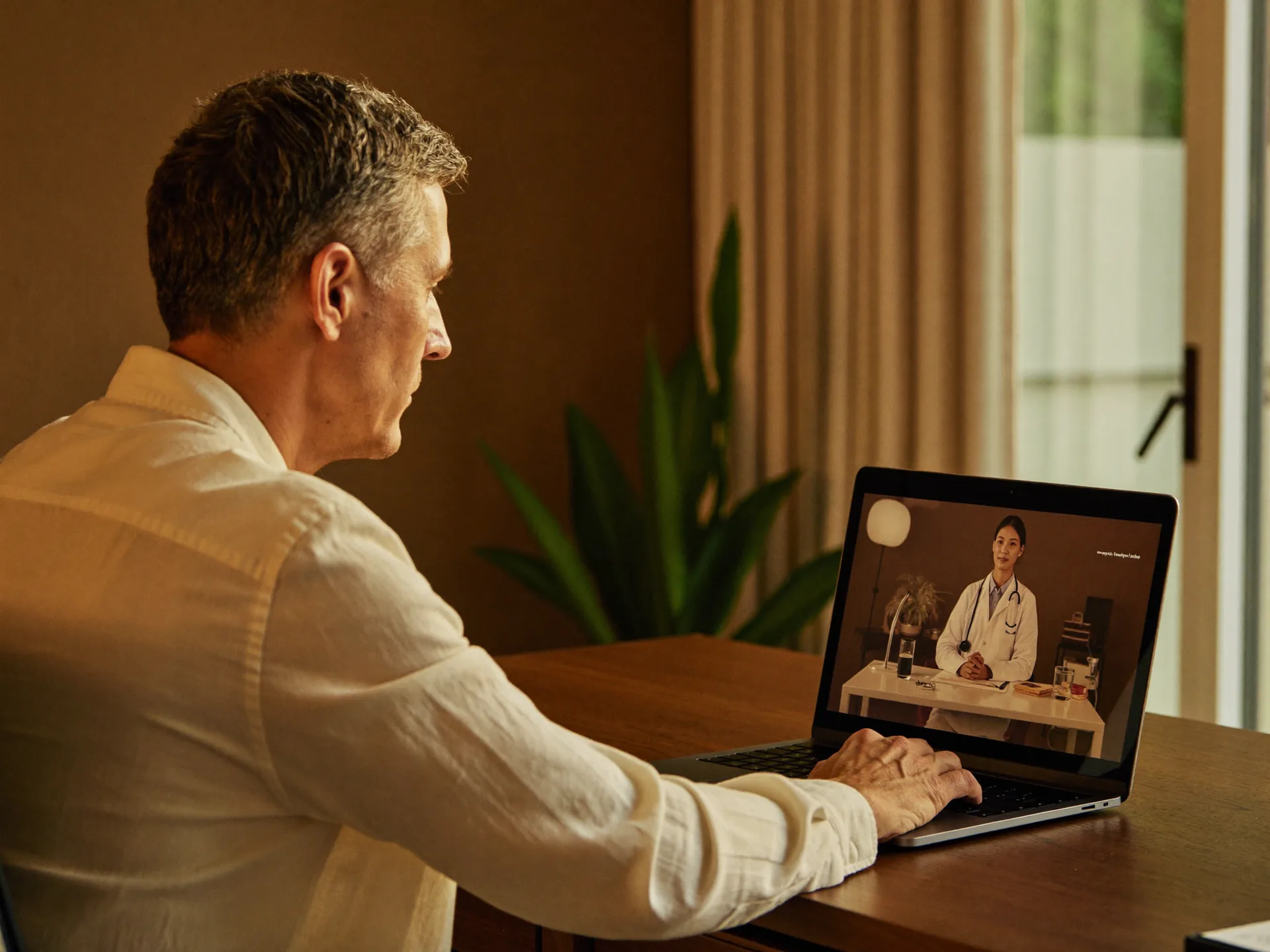 A man speaks privately with a licensed provider during a telehealth consultation from his living room.