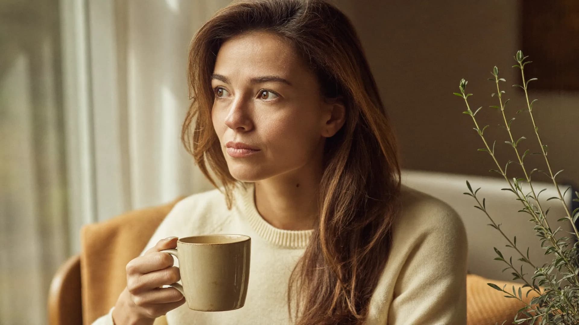A woman in her 40s sitting by a sunlit window, holding a mug, contemplating a personal health decision.