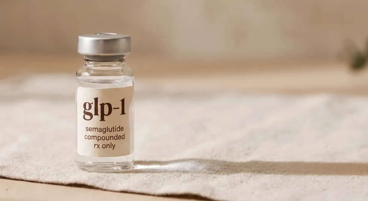 Compounded semaglutide vial on warm linen — prepared by a state-licensed 503A pharmacy for NuHealth's supervised program.