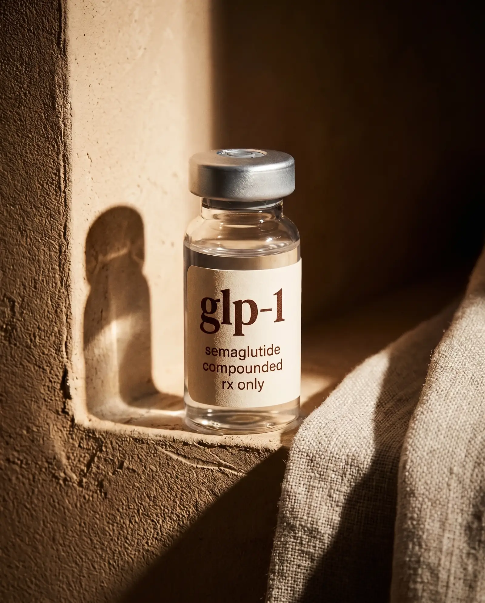A vial of compounded semaglutide resting on warm linen — the medication at the centre of NuHealth's supervised GLP-1 program.