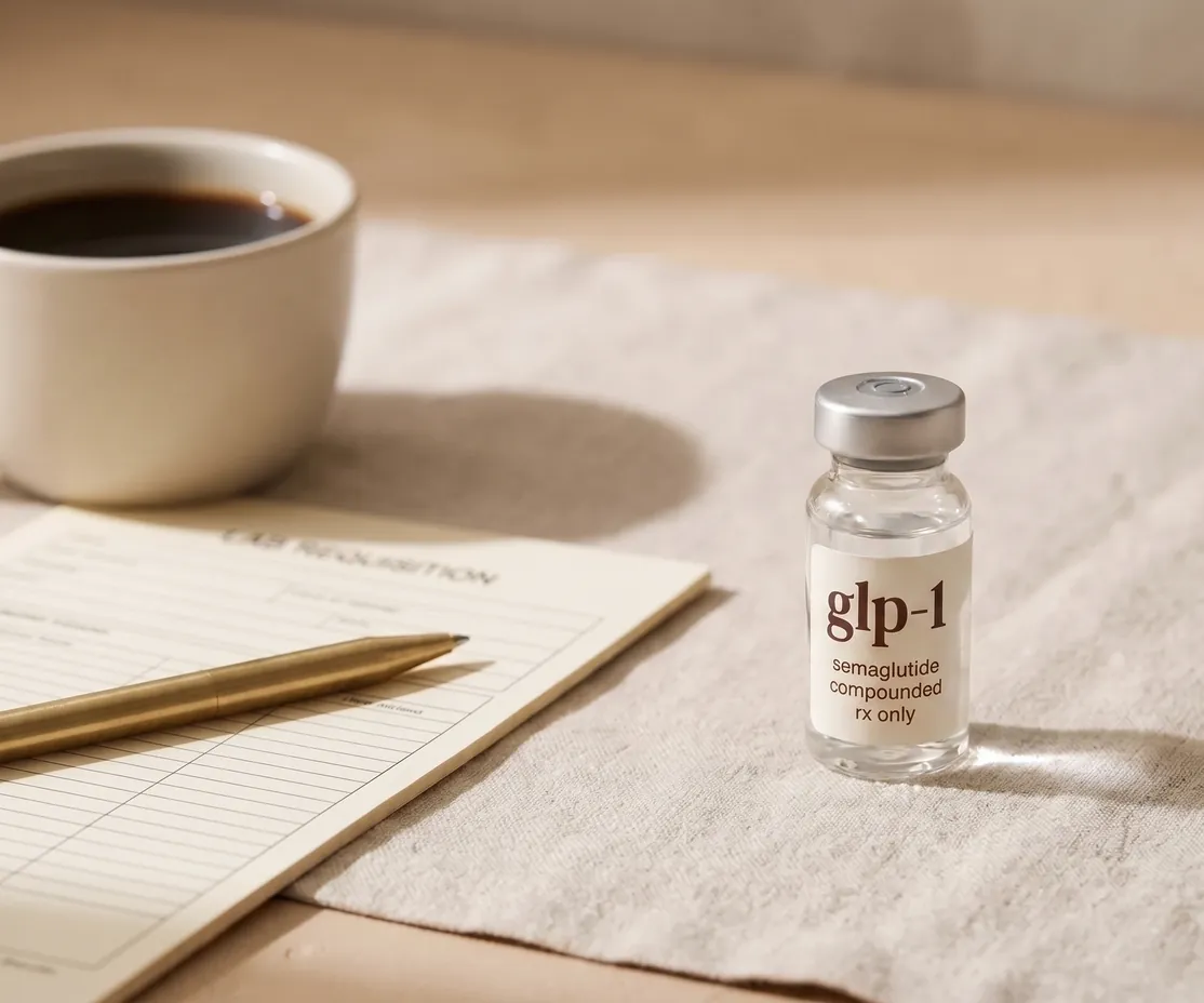 A compounded semaglutide vial beside a lab requisition form — baseline labs before a provider confirms candidacy.