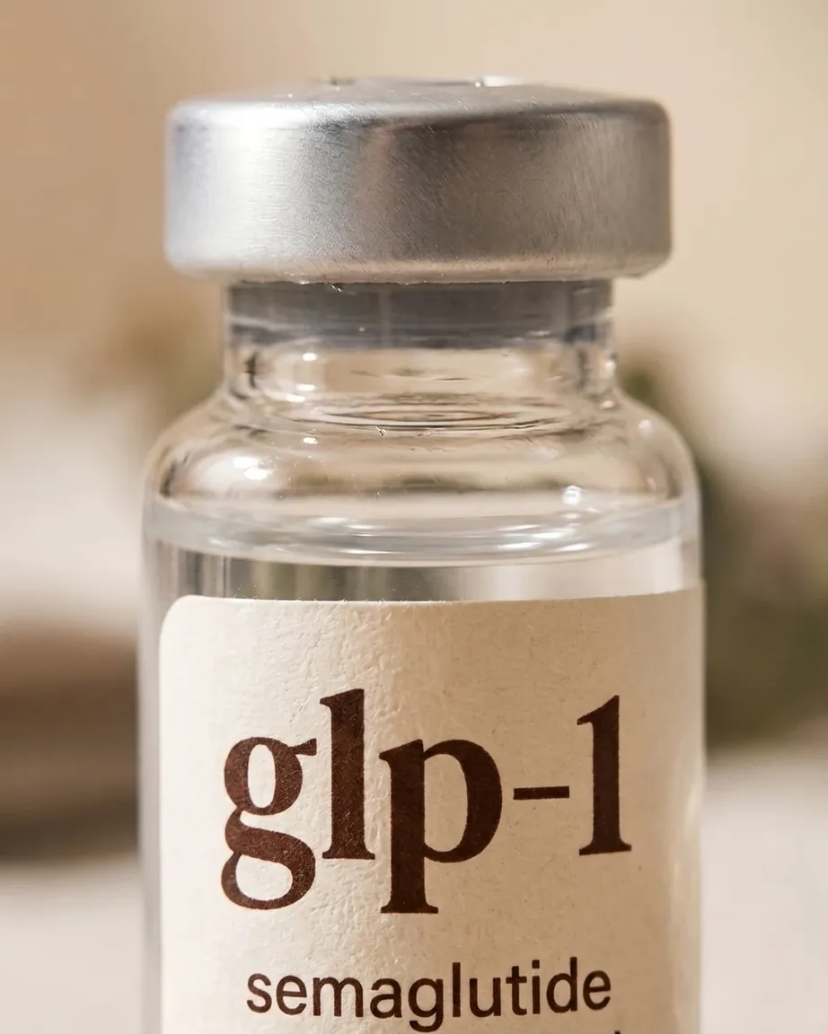 Macro detail of a compounded semaglutide vial — the crimp seal and pharmacy label.