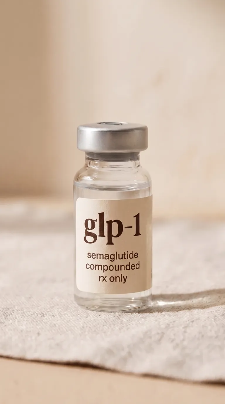 Compounded semaglutide vial — a GLP-1 receptor agonist prepared by a licensed pharmacy for NuHealth's supervised program.
