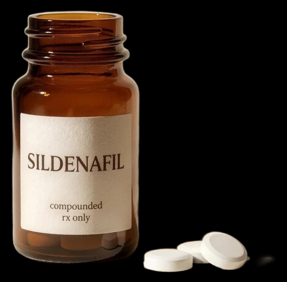 An unbranded pharmacy bottle of compounded sildenafil tablets