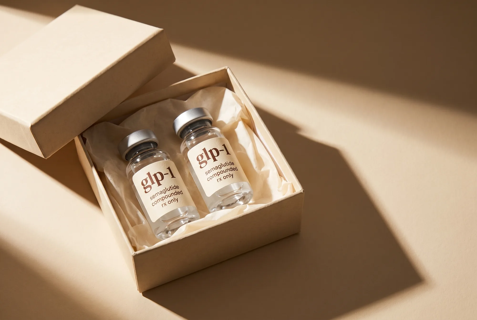 Compounded semaglutide GLP-1 vials in discreet packaging, prepared per-patient and shipped to your door