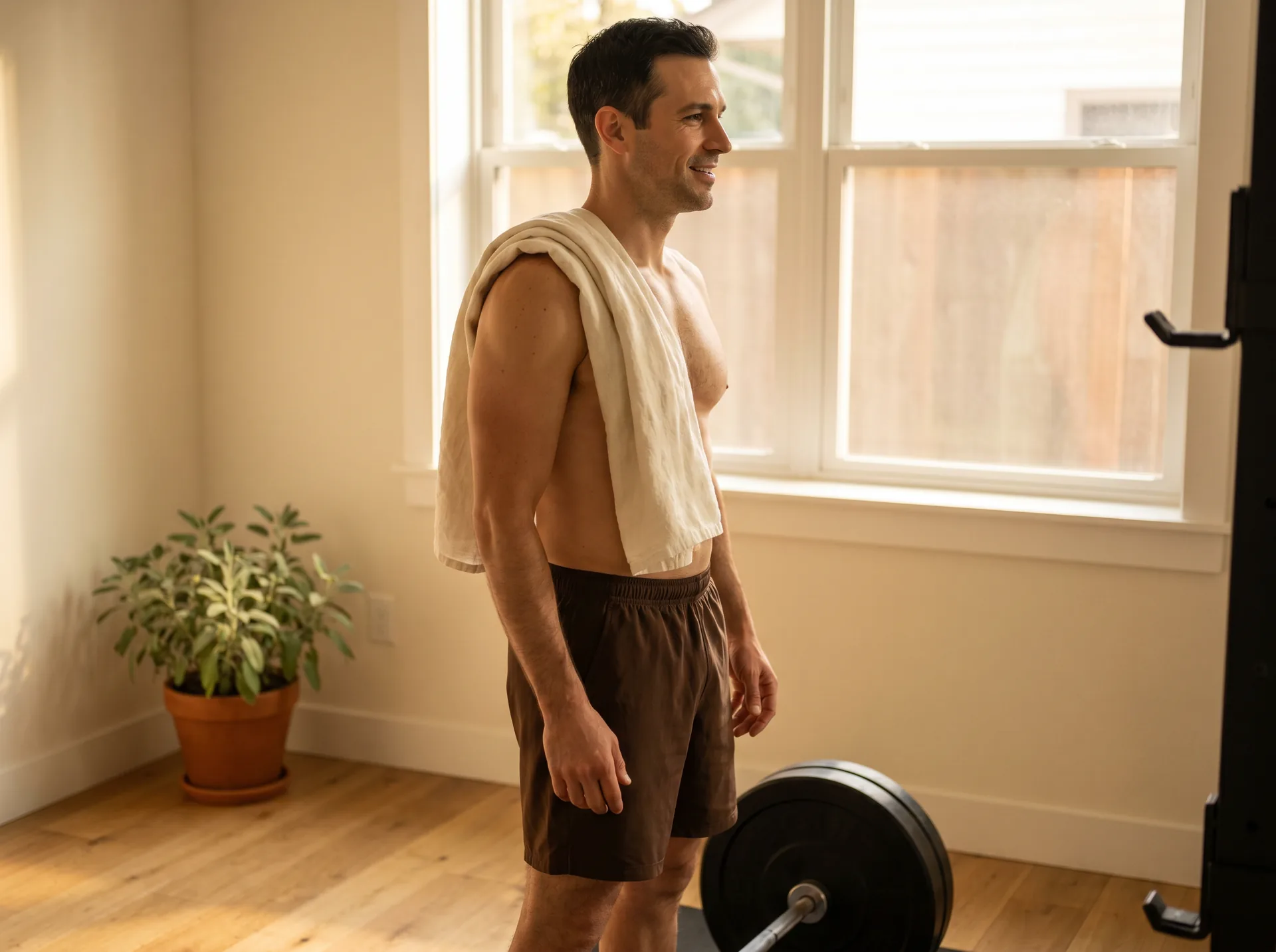 A man resting after a strength session, reflecting the muscle-and-metabolism connection at the center of testosterone and weight management.