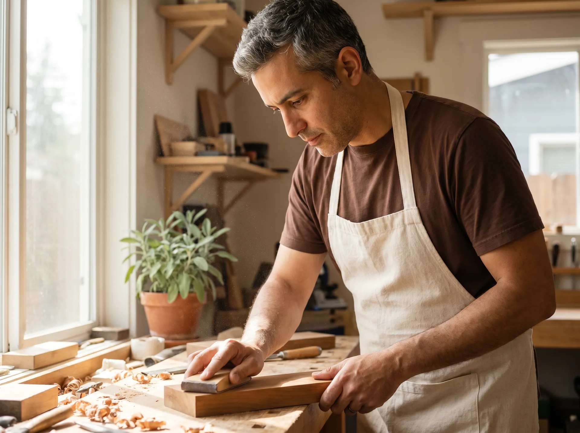 A patient at a workbench mid-program — the everyday rhythm of long-term TRT supervision.