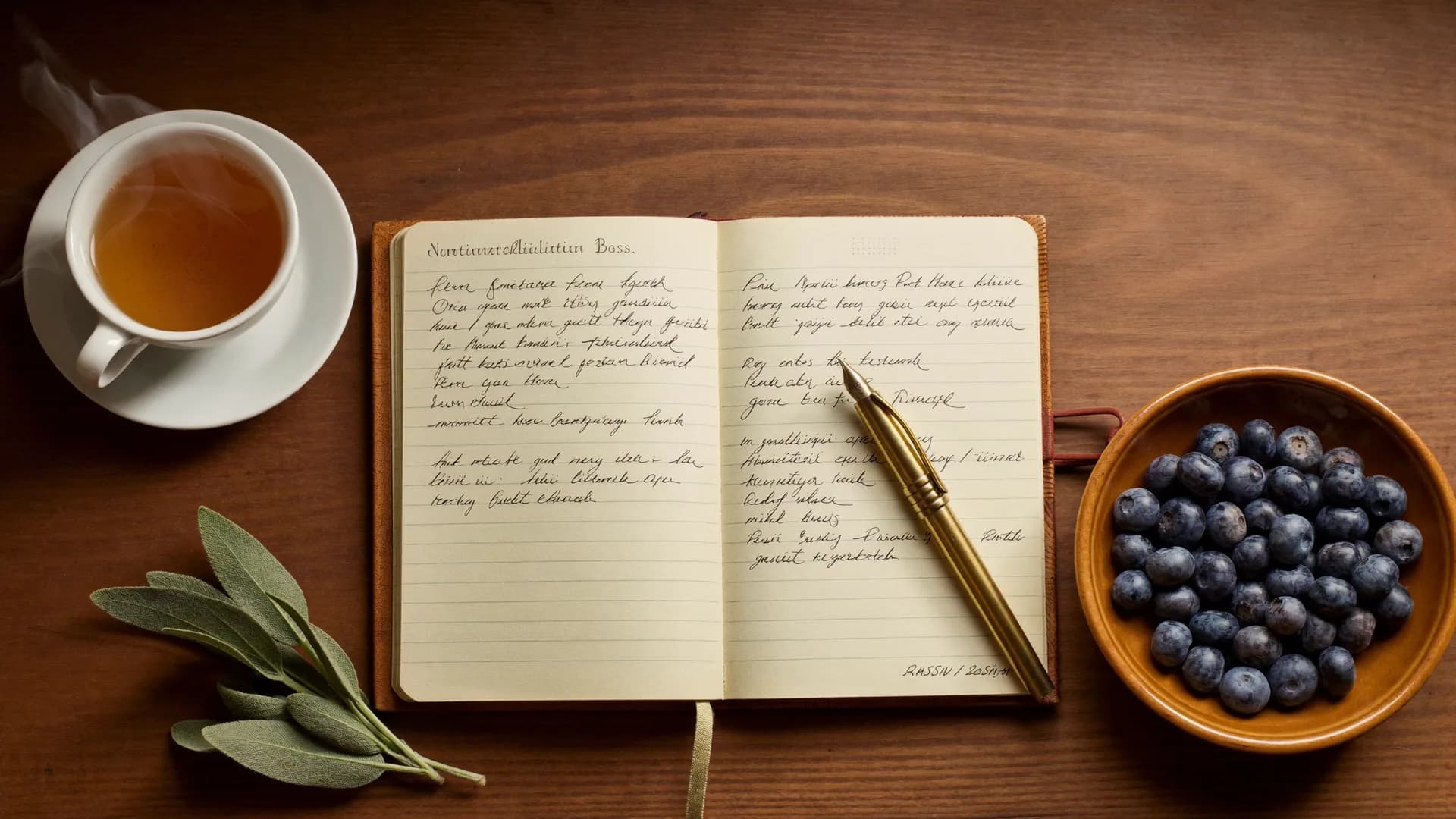 Overhead view of a leather notebook with handwritten notes, a brass pen, a cup of tea, blueberries and sage — a nutritionist's desk.