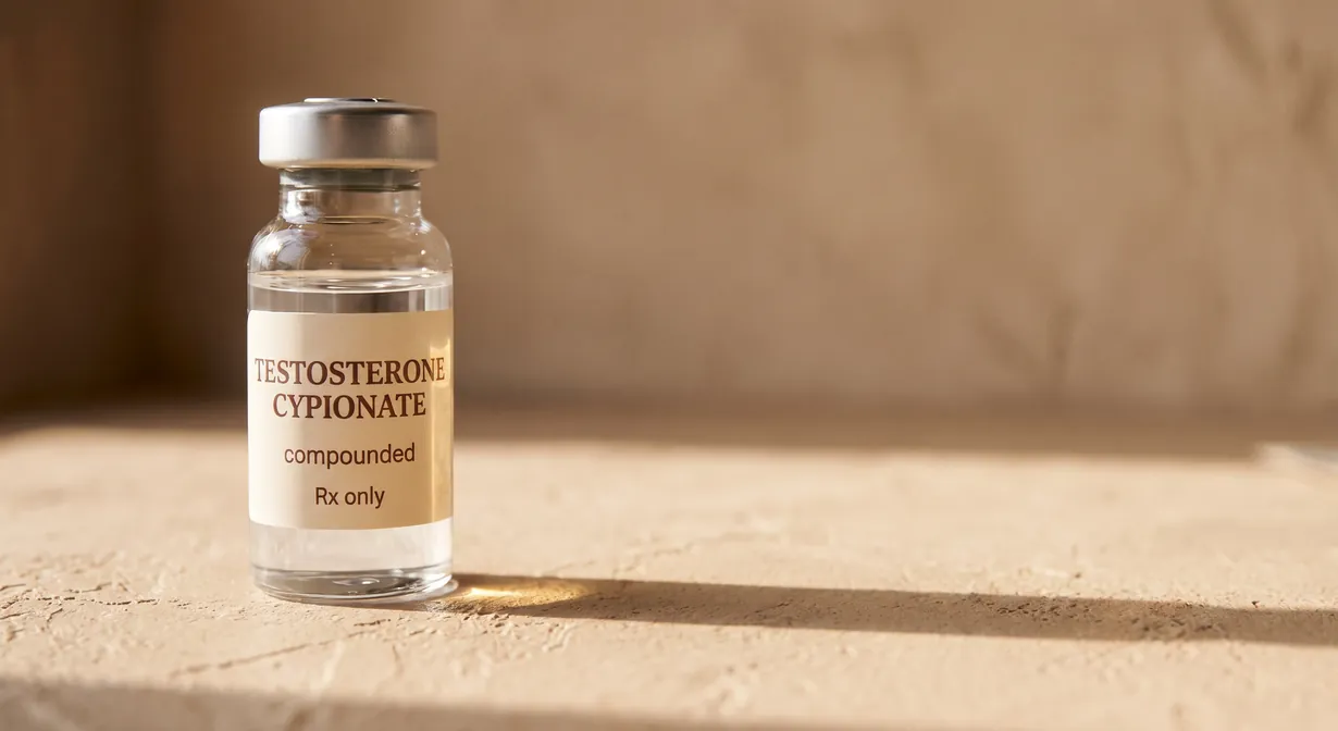Compounded testosterone cypionate vial on warm linen — prepared by a state-licensed 503A pharmacy for NuHealth's supervised program.