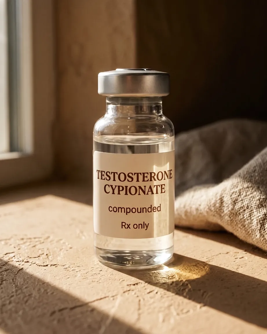 A vial of compounded testosterone cypionate in warm morning light — the medication in a supervised TRT program, prescribed only when labs confirm hypogonadism.