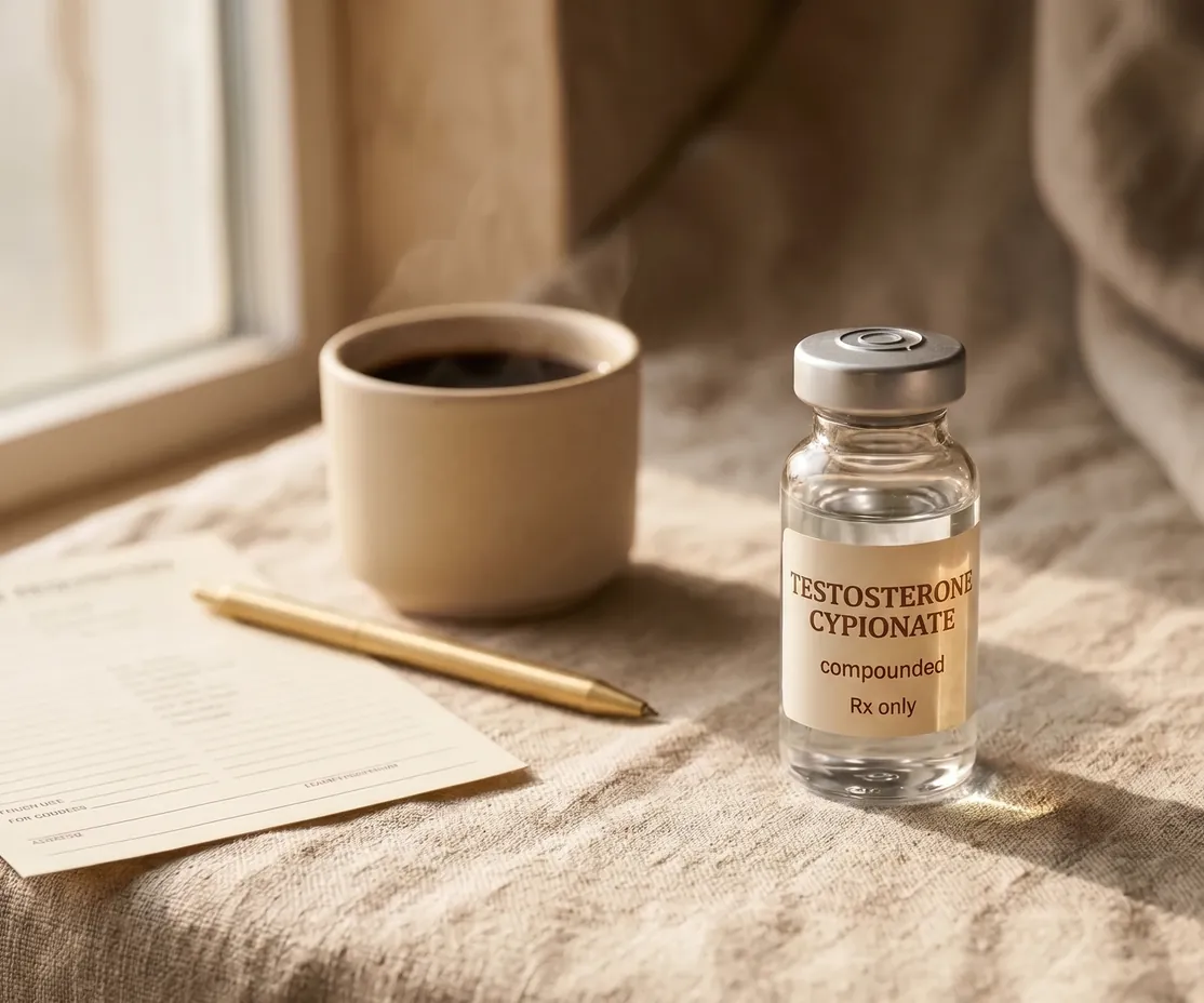 A compounded testosterone cypionate vial beside a lab requisition form — the full hormone panel that decides candidacy.