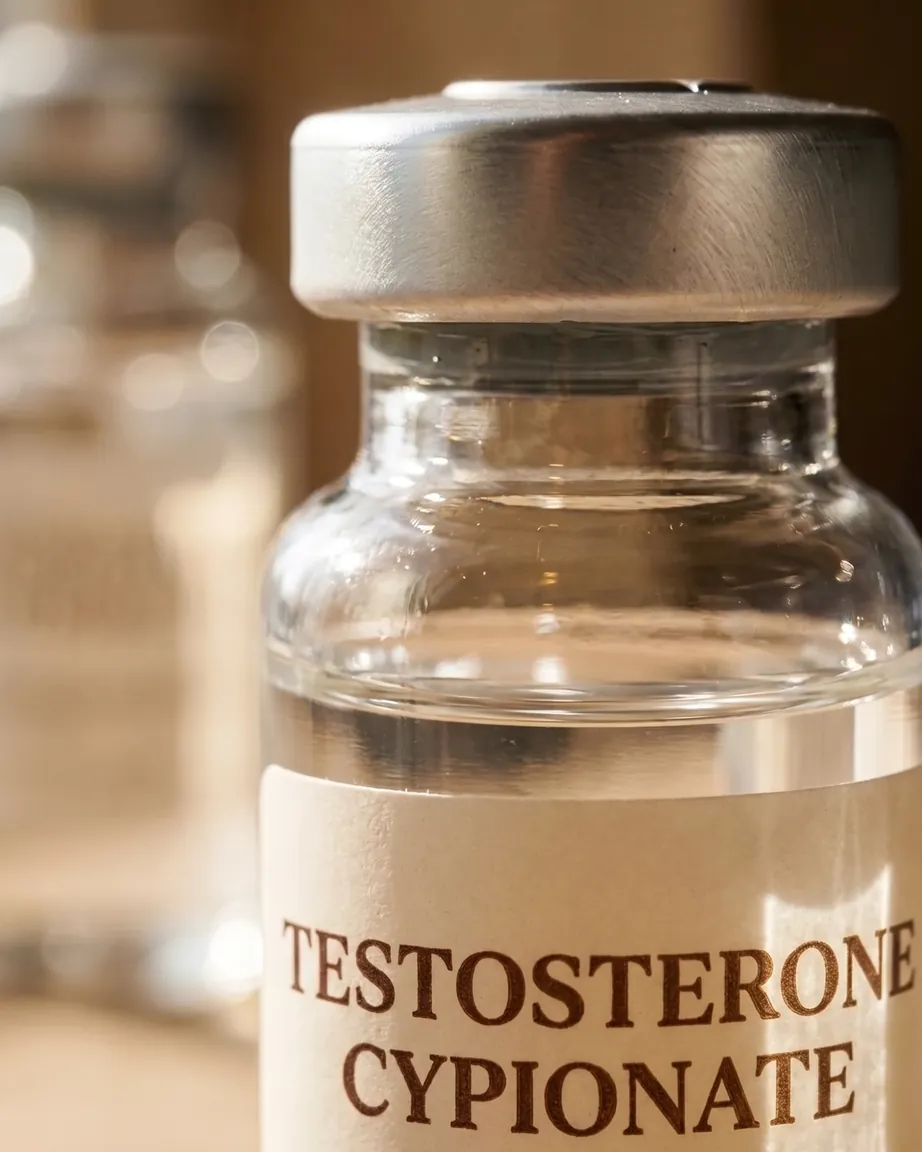 Macro detail of a compounded testosterone cypionate vial — the crimp seal and pharmacy label