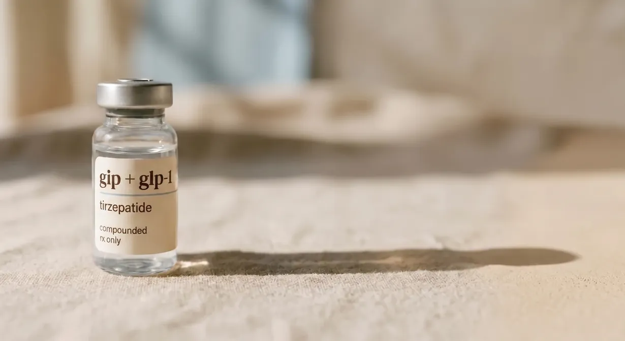 Compounded tirzepatide vial on warm linen — prepared by a state-licensed 503A pharmacy for NuHealth's supervised program.