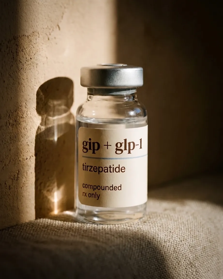A vial of compounded tirzepatide on warm linen — the dual GIP/GLP-1 medication in NuHealth's supervised program.