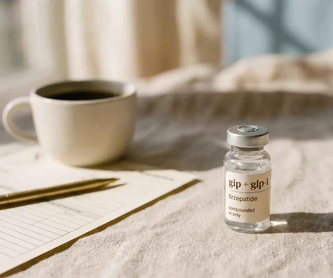 A compounded tirzepatide vial beside a lab requisition form — baseline labs before a provider confirms candidacy.