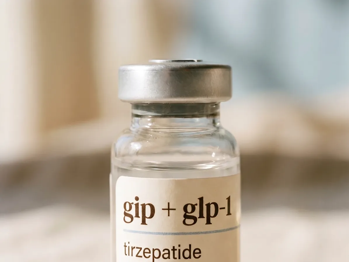 Macro detail of a compounded tirzepatide vial — the crimp seal and pharmacy label.