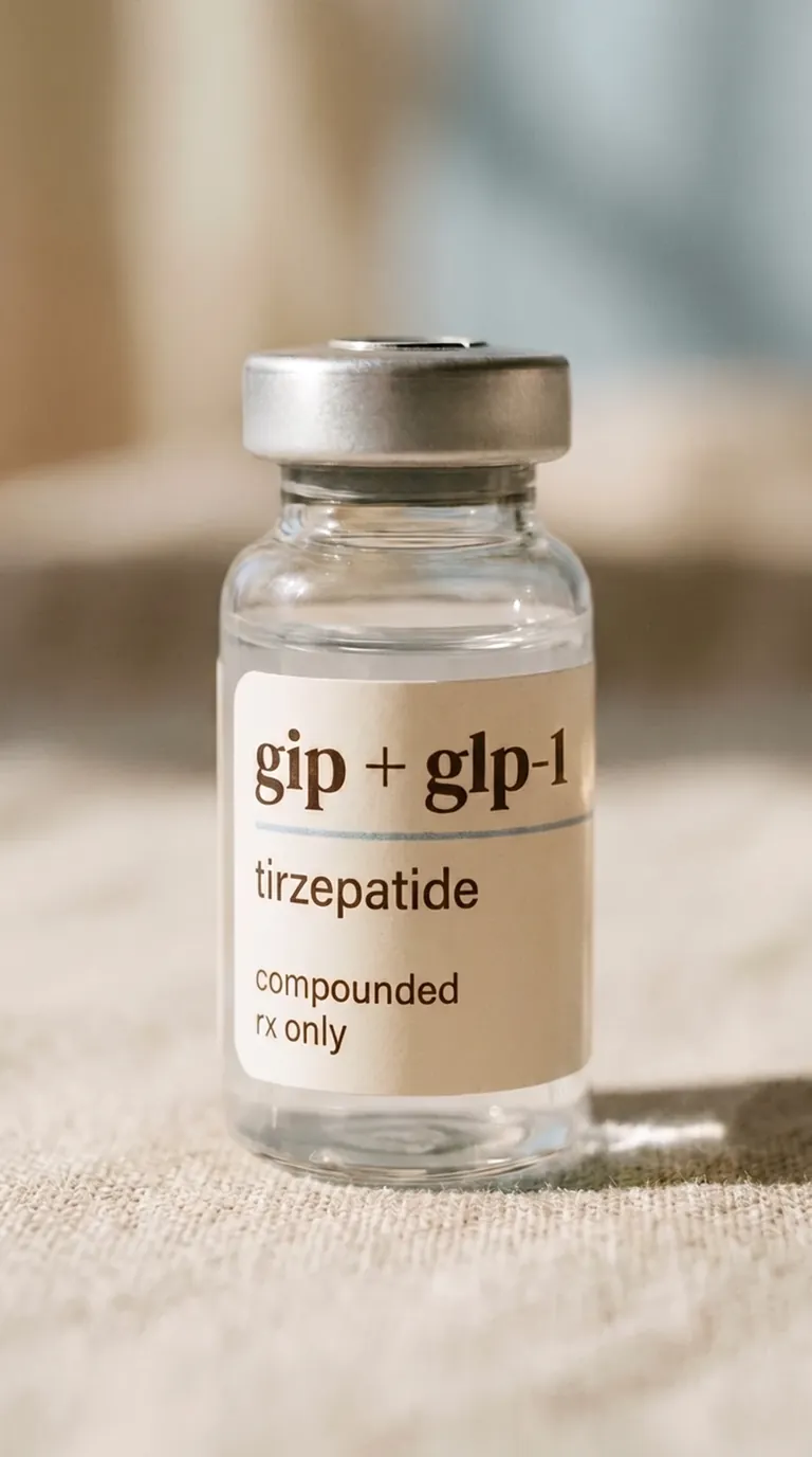 Compounded tirzepatide vial — a dual GIP/GLP-1 receptor agonist prepared by a licensed pharmacy for NuHealth's supervised program.